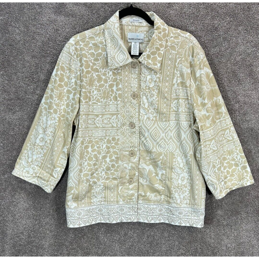 Drapers & Damons Blazer Womens 18W Beige Floral Button Up 3/4 Slit Sleeve Jacket